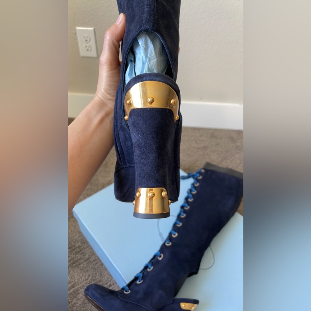 PRADA DARK BLUE LACED KNEW OPEN HEEL BOOTS SIZE 6.5 (36.5 Italian size) - Picture 15 of 17